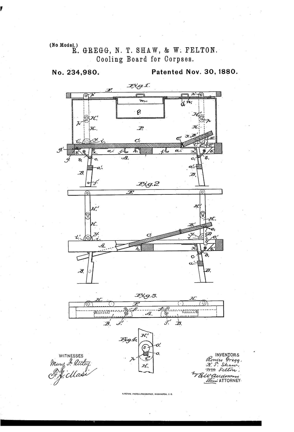 Figure 2 — Patent drawing for a folding "Cooling-board for corpses," US Patent 234,980 (Gregg, Shaw & Felton, Columbus, Ohio, 1880), showing the hinged legs and the ice-box compartment beneath the perforated …