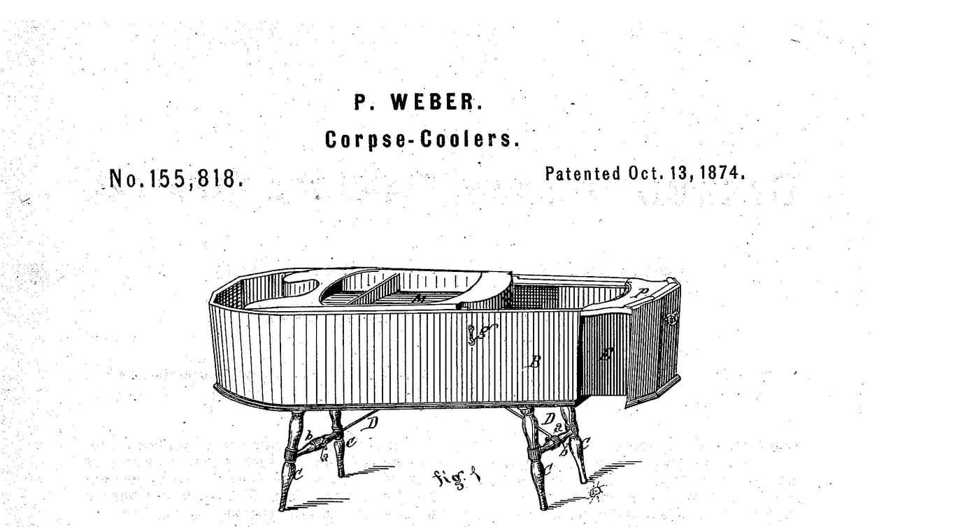 Figure 2 — The patent drawing for a folding cooling board — hinged legs, an inclined cane-or-zinc deck, and a removable ice-box above — as filed in the U.S. patent record of the 1870s–1880s.