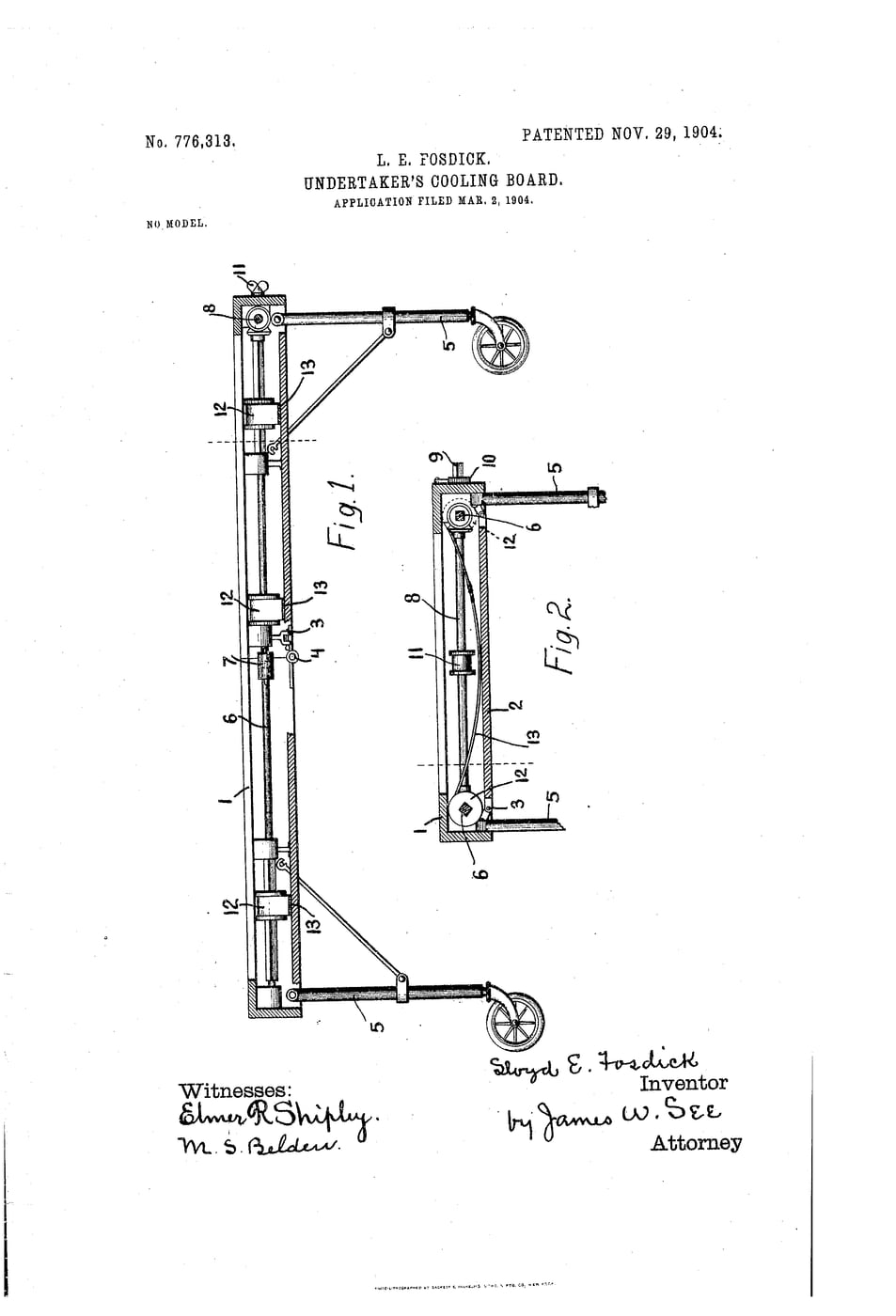 Figure 3 — The Fosdick "Undertaker's Cooling-Board" patent drawing (US 776,313, 1904): folding frame, hinged casters, and loose-pin board — the folding-hardware vocabulary a collector reads to date a table.