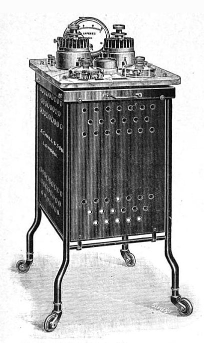 Figure 1 — A cased short-wave diathermy unit in physiotherapy-department style: a dial-and-meter front panel with an output-tuning control, flexible cables, and pad electrodes. Machines of this pattern warmed…