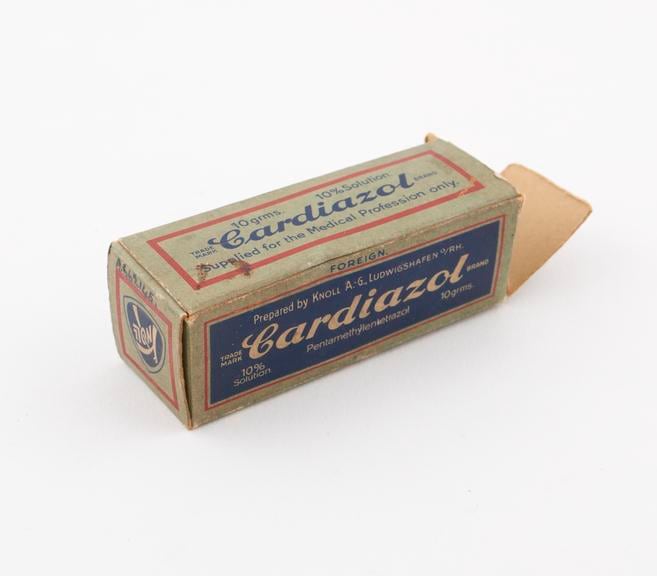 Figure 2 — An ampoule and packaging for cardiazol (pentylenetetrazol), the circulatory stimulant marketed in the United States as Metrazol, which Meduna adopted to induce therapeutic convulsions after finding…