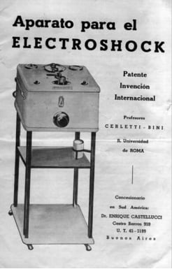 Figure 3 — A period sales brochure headed "Aparato para el ELECTROSHOCK — Patente Invención Internacional, Profesores Cerletti–Bini, R. Università de Roma," naming a South American concessionaire in Buenos Ai…