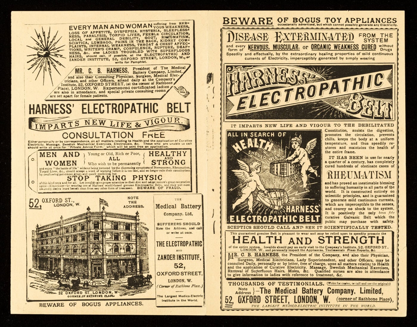 Figure 3 — An advertisement for Harness's Electropathic Belt, the Medical Battery Company, London — the brand whose 1893 collapse gave the whole genre its byword, "electropathic."