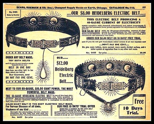 Figure 4 — The Heidelberg Electric Belt as advertised in the Sears, Roebuck catalogue (c.1900–1902), showing the ascending "power" grades culminating in the "Giant Power" model. The graded number was a price …