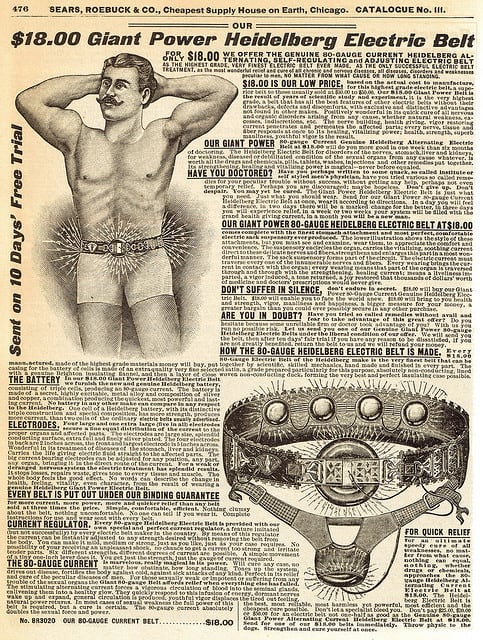 Figure 3 — A Sears, Roebuck catalogue page for the "Giant Power" Heidelberg Electric Belt, showing the graded models and the suspensory attachment marketed to men. The power "grades" identify and roughly date…