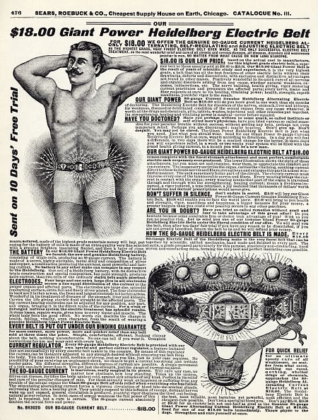 Figure 2 — The "Giant Power" Heidelberg Electric Belt as sold by mail through the Sears, Roebuck & Co. catalogue (c.1900–1902) — the belts were graded by an escalating "power" number and pitched squarely at m…