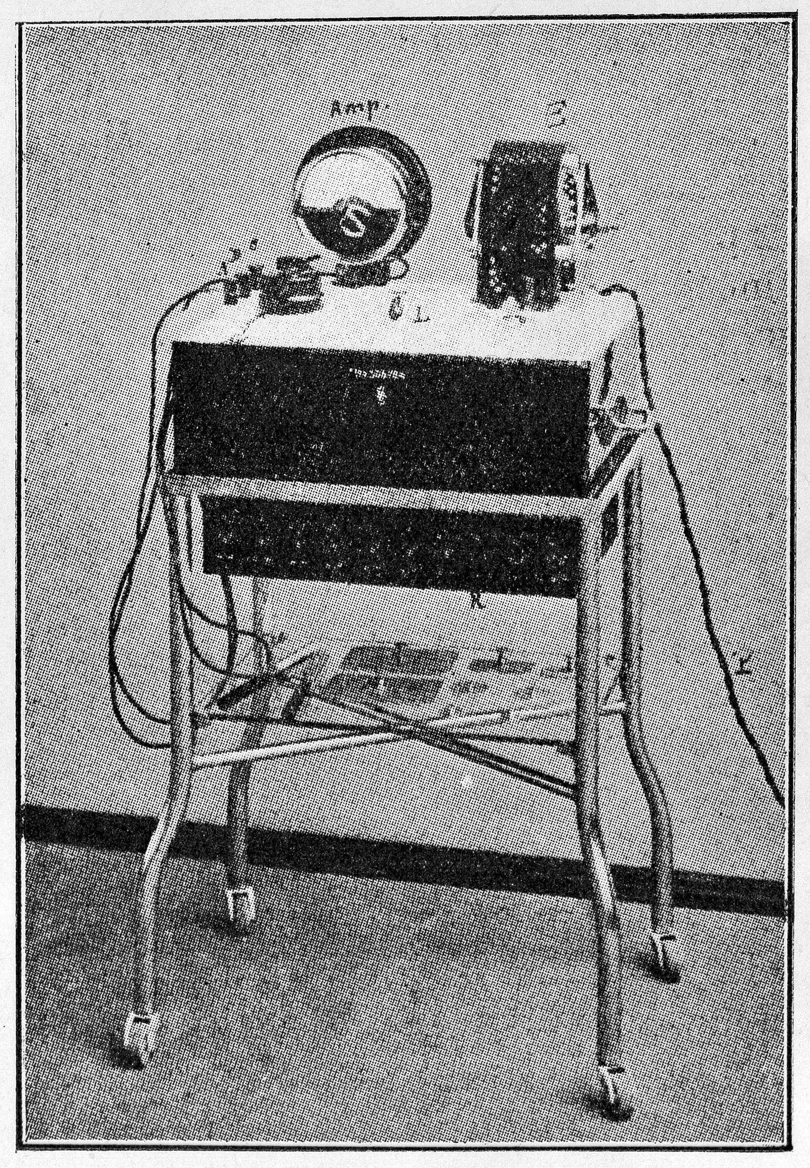 Figure 4 — Nagelschmidt's diathermy apparatus — the cased, wheeled unit of the type that stood in a physiotherapy department: an ammeter to read the current actually delivered, controls beneath, and the cable…