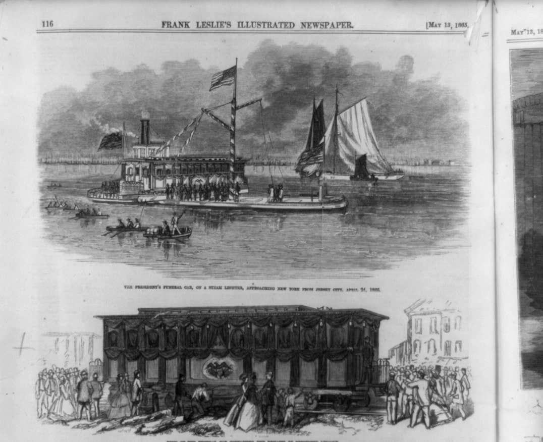Figure 1 — Frank Leslie's Illustrated Newspaper, 13 May 1865: the President's funeral car crossing to New York on a steam lighter, and the draped car itself with the crowds it drew. The 1,700-mile journey is …