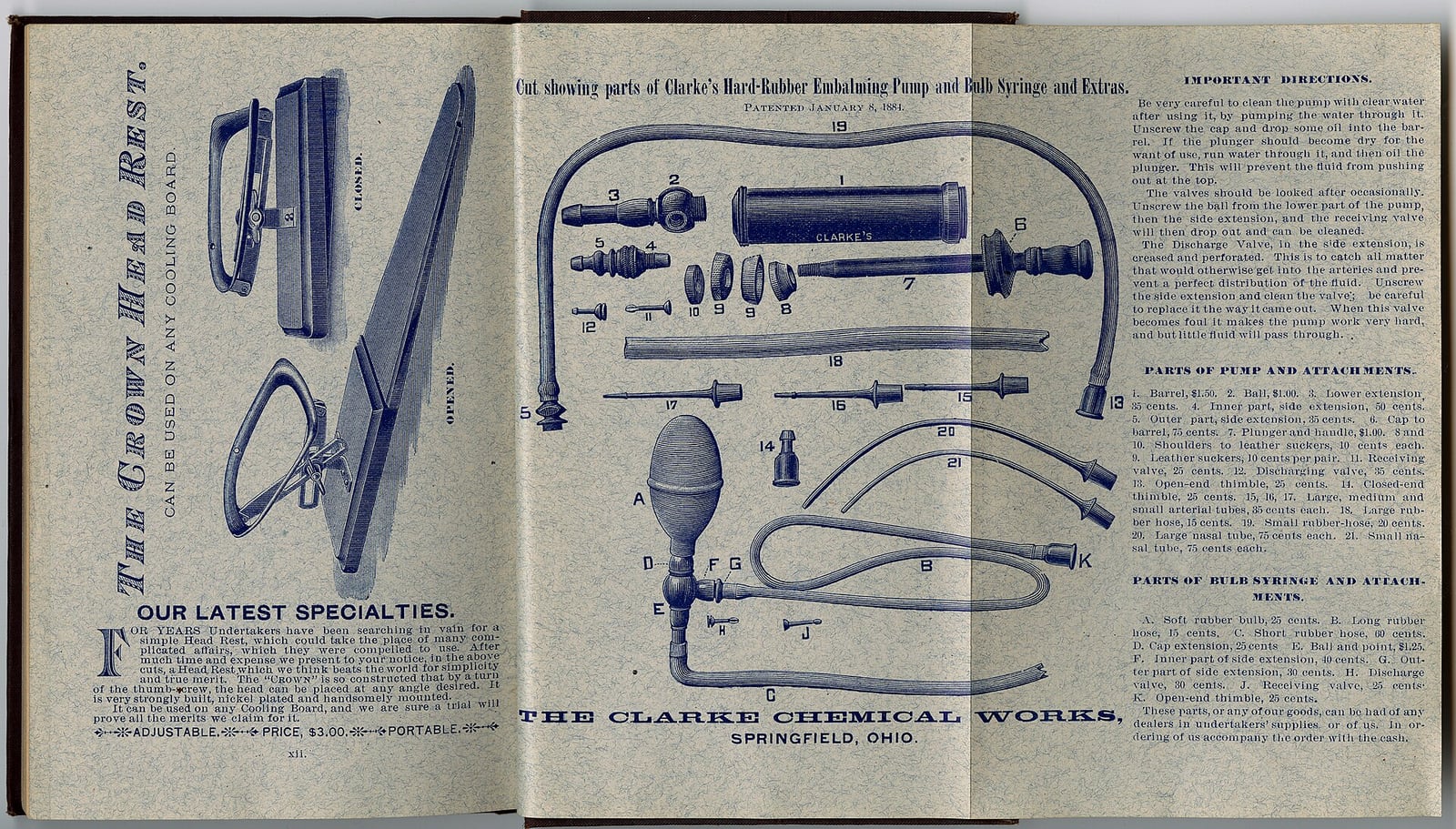 Figure 1 — The outfit as sold: a spread from the Clarke Chemical Works of Springfield, Ohio, showing "parts of Clarke's Hard-Rubber Embalming Pump and Bulb Syringe and Extras" — the pump body, the bulb, the c…