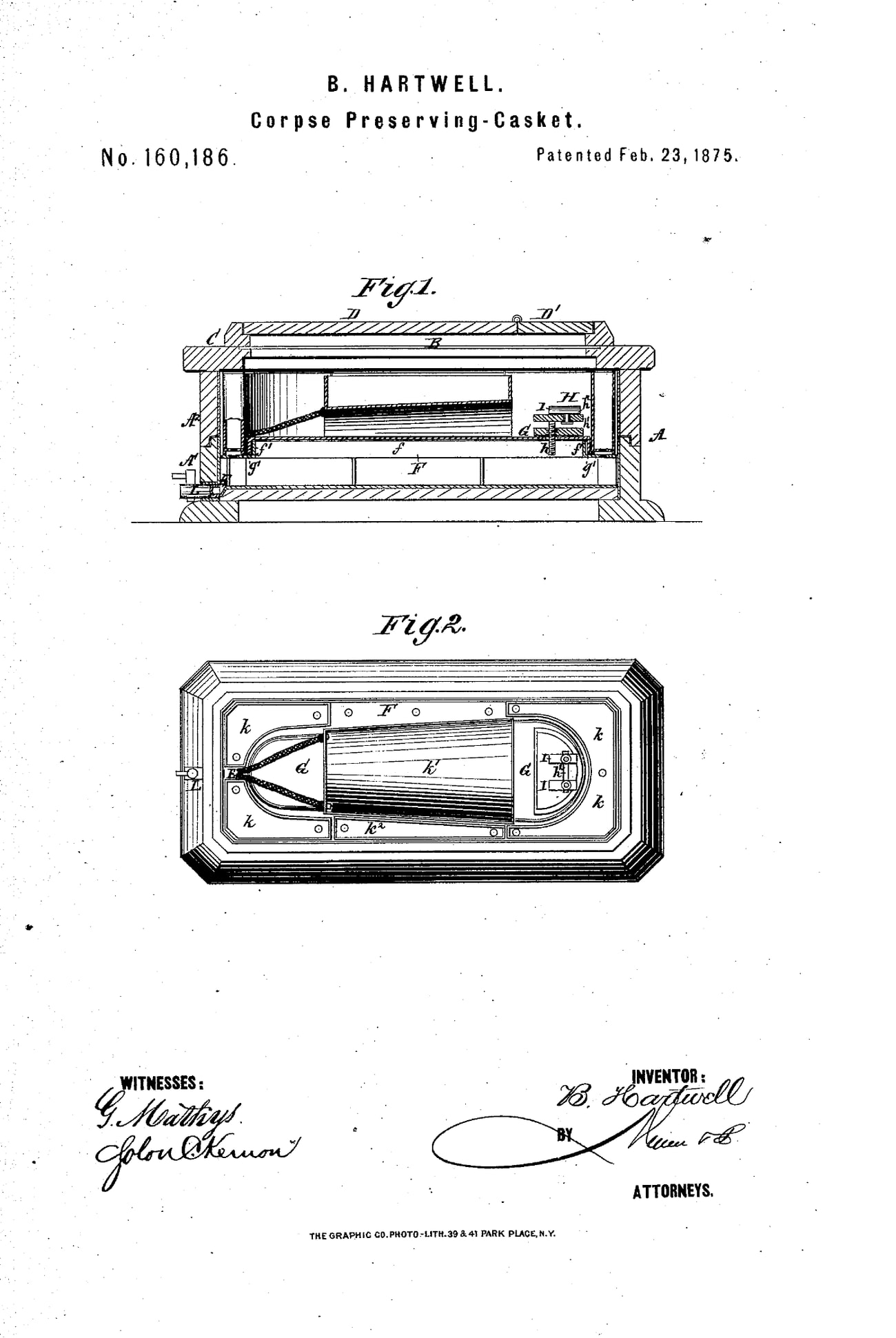 Figure 3 — Bartholomew Hartwell's "Corpse Preserving-Casket," No. 160,186, patented 23 February 1875. Fig. 1 is the longitudinal section: the casing A, the removable ice sections along the bottom and ends, th…