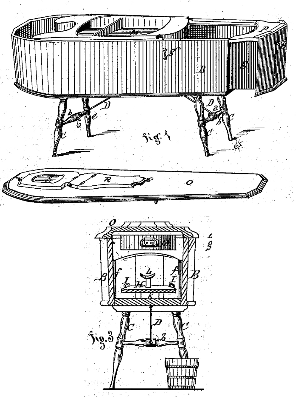 Figure 2 — Philipp Weber's corpse-cooler, No. 155,818, patented 13 October 1874. Fig. 1 shows the cabinet on its folding turned legs with the ice compartments open along the top, and below it the separate cov…