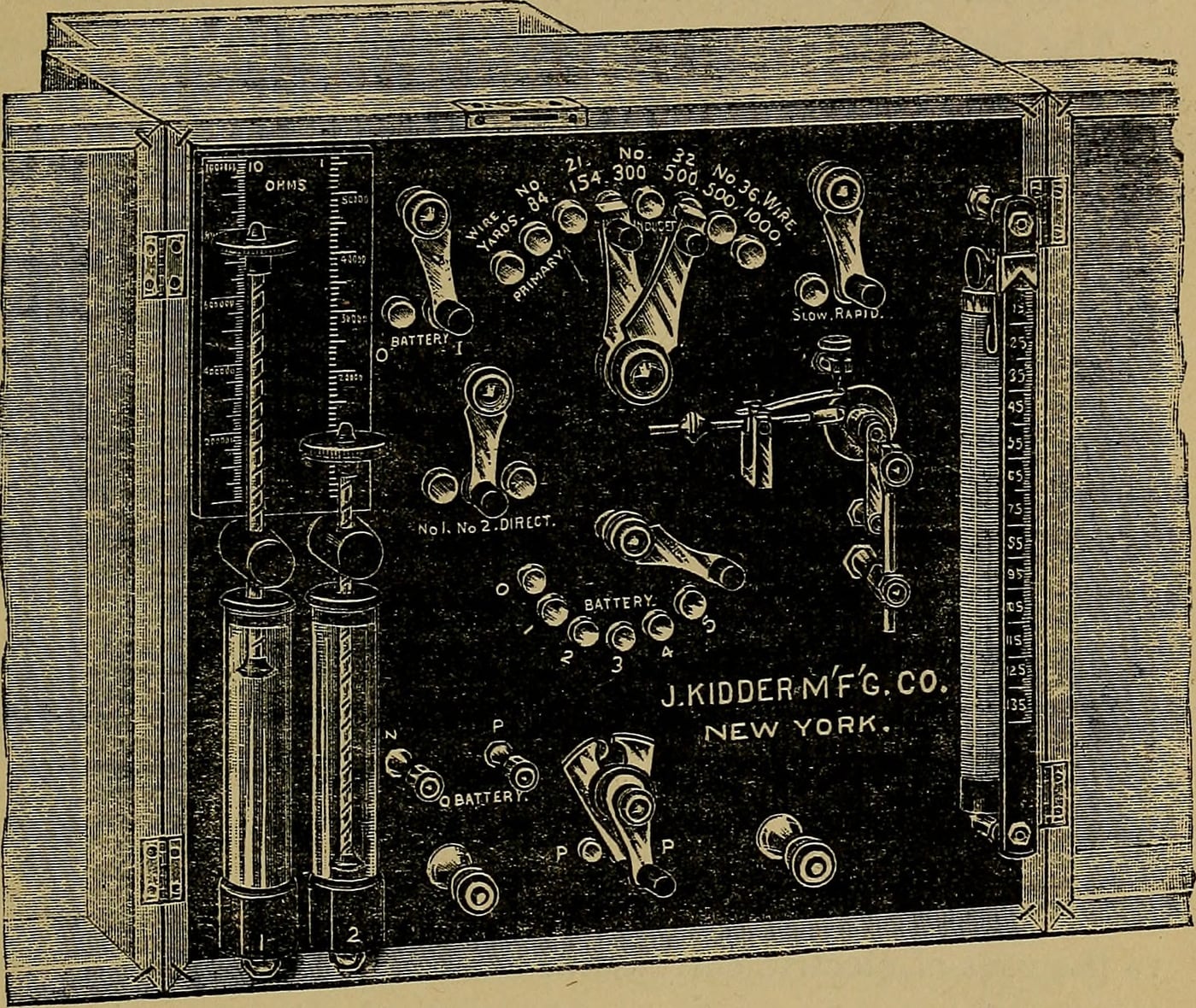 Figure 3 — A fitted mahogany medical-battery case opened to show the cells, induction coil, interrupter, cloth-covered electrode handles and sponge electrodes — a combined galvanic-and-faradic apparatus of th…