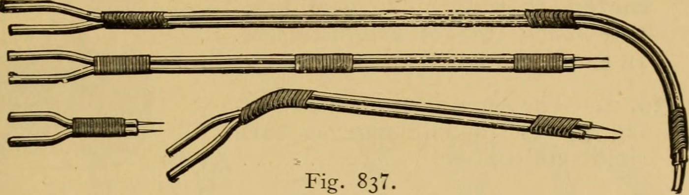 Figure 3 — Electrode handles and moistened sponge covers from a cased faradic-galvanic set; the sponge lowered skin resistance and spread the current to avoid a chemical burn under a bare metal tip.