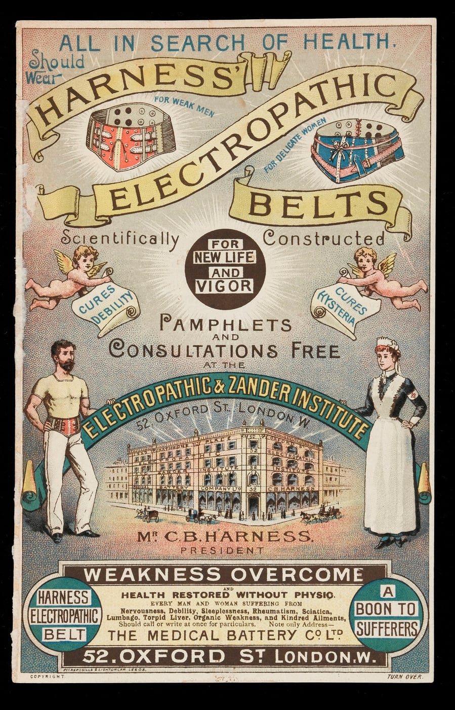Figure 3 — A period trade advertisement for a home "medical battery," listing nervous debility, rheumatism, and "lost manhood" among the complaints the cased set would relieve.