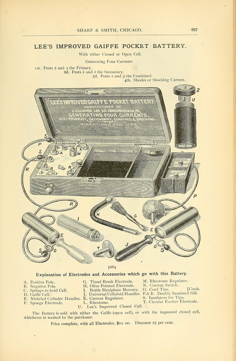 Figure 3 — A physician's medical battery as its maker drew it: the Voltamp Electric Mfg. Co. of Baltimore, from the firm's 1904 catalogue — coil across the lid, cells in the base, electrode handle in front.
