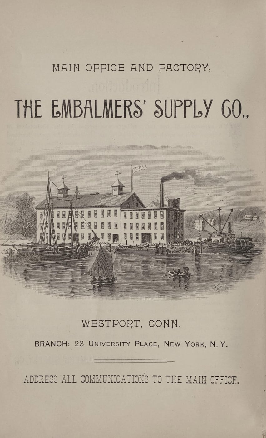 Figure 2 — The Embalmers' Supply Company works on the Saugatuck River at Westport, Connecticut, where the firm moved in 1890 — the shop that mail-ordered a standard American embalming outfit to the trade.