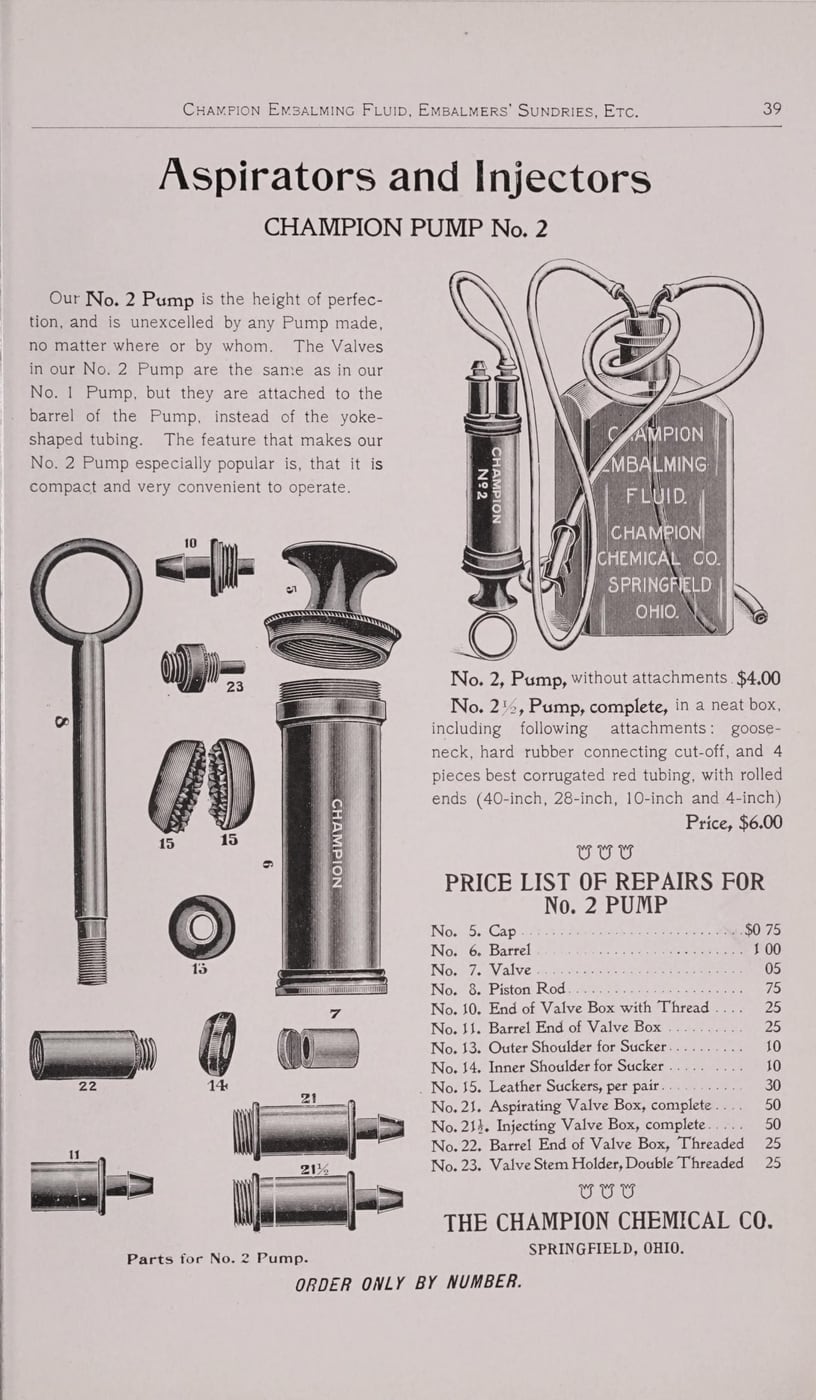 Figure 4 — An engraved plate of hand injection apparatus from a Champion Company (Springfield, Ohio) trade catalog, of the kind used to identify makers and model names.