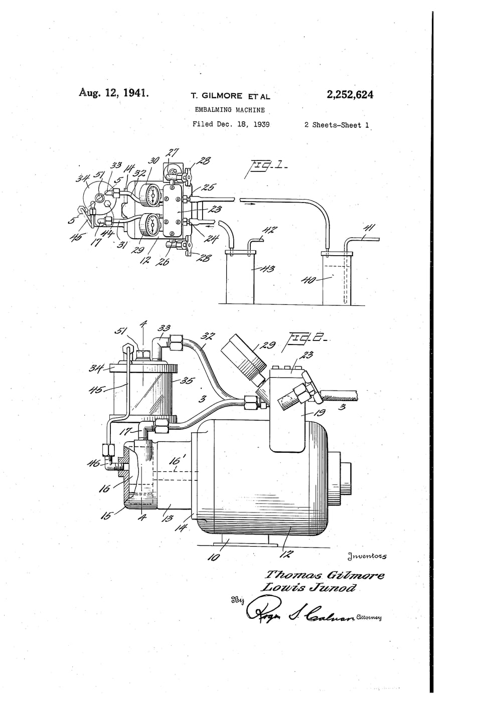 Figure 3 — A figure from US Patent 2,252,624 (1941), "Embalming machine," showing the rotary air pump with its suction and pressure equalising chambers and adjustable relief valves.