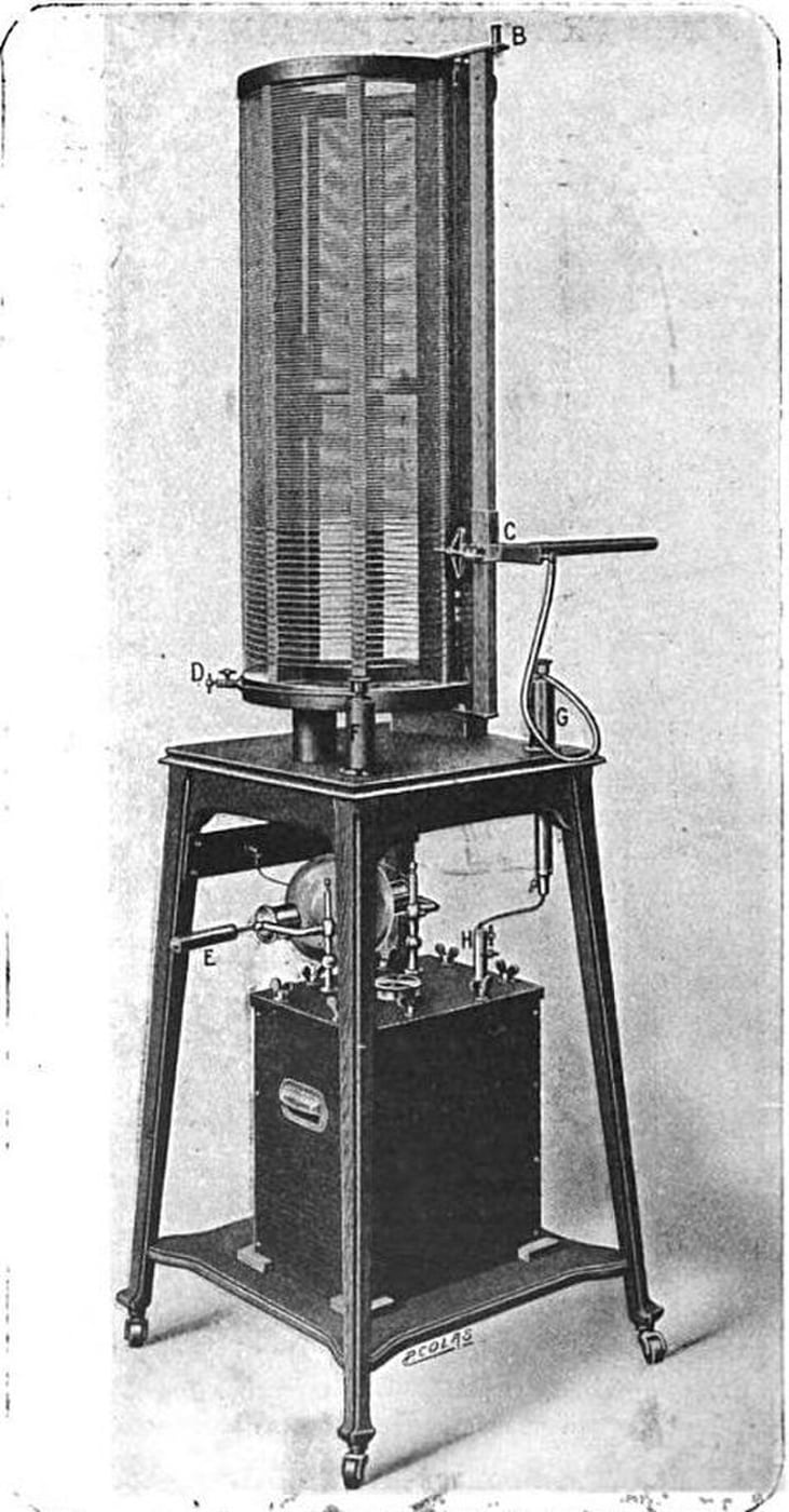 Figure 3 — An Oudin resonator coil — the tall, fine-wire secondary Oudin added to the d'Arsonval circuit in 1893 to reach high potentials — mounted on its insulating column.