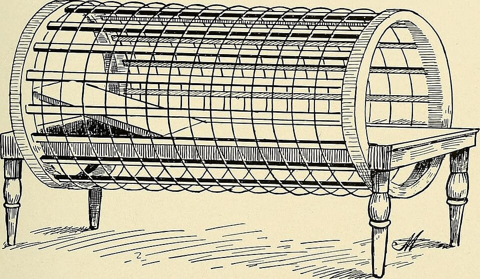 Figure 3 — The autoconduction cage: a person-sized octagonal solenoid the patient sat within, treated by the induced high-frequency field with no metallic contact. The largest and rarest surviving high-freque…