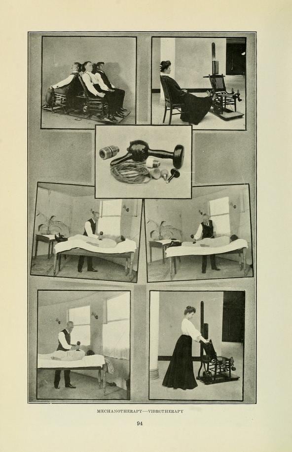 Figure 2 — A Battle Creek Sanitarium vibrating chair of the type John Harvey Kellogg used for "vibrotherapy" — a wooden seat mechanically shaken to stimulate circulation and the bowels.