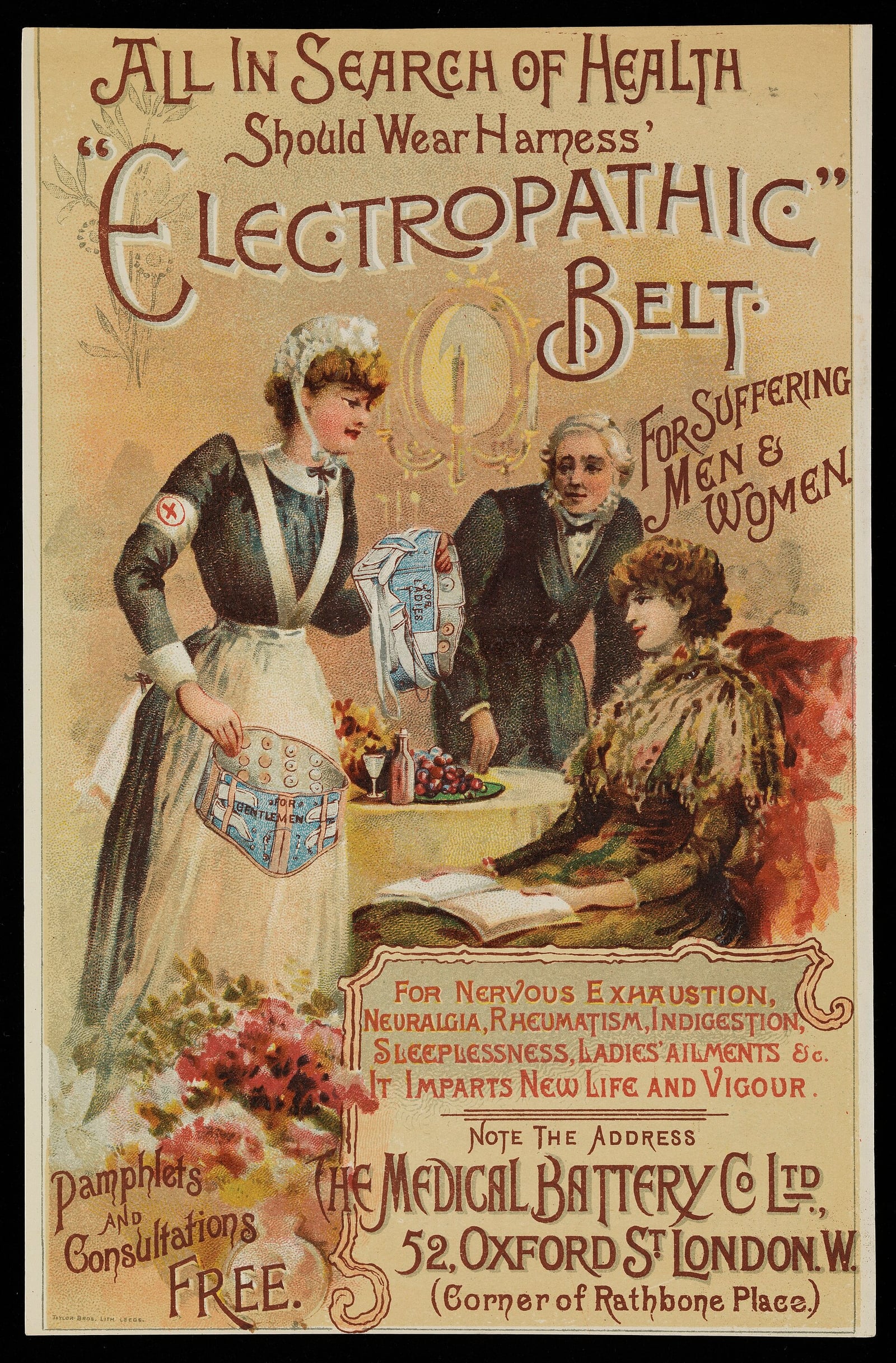Figure 8 — The disease list, printed as sales copy: "All in search of health should wear Harness' 'Electropathic' Belt — For Suffering Men & Women — For Nervous Exhaustion, Neuralgia, Rheumatism, Indigestion,…