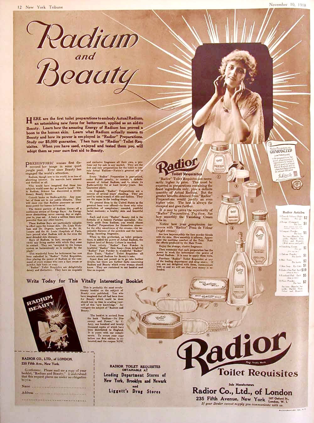 Figure 3 — "Radium and Beauty" — a 1918 Radior advertisement for radium-dosed toilet preparations, complete with a coupon for the "Vitally Interesting Booklet." The copy does what all of this copy does: names…