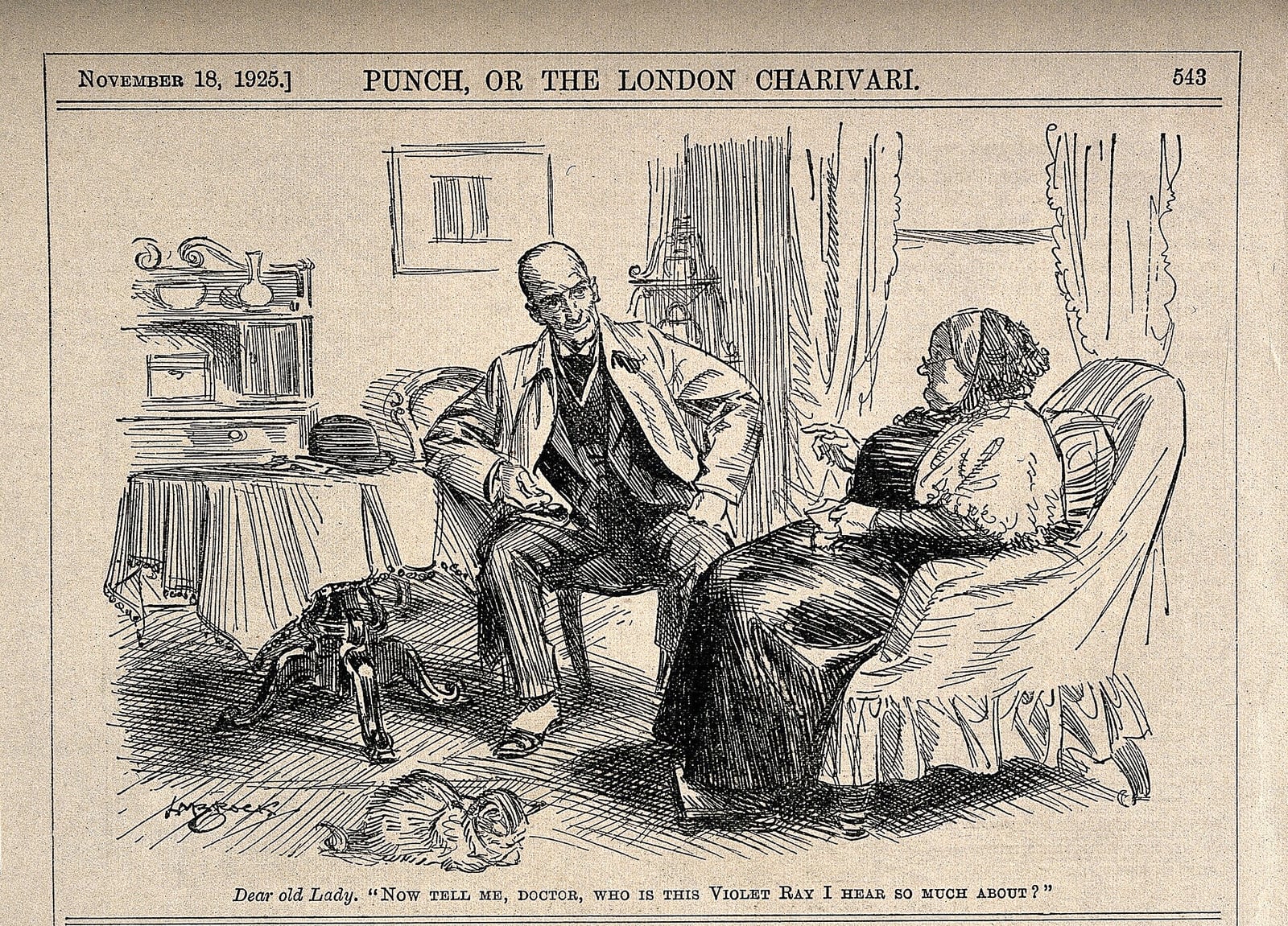 Figure 4 — Punch, 18 November 1925 — "Now tell me, doctor, who is this Violet Ray I hear so much about?" By the mid-1920s the machines were mainstream enough to be a joke about credulity, which is its own kin…