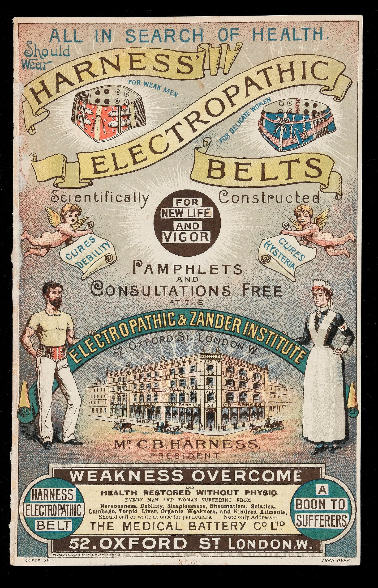 Figure 3 — The full pitch, chromolithographed: "All in search of health should wear Harness' Electropathic Belts — Scientifically Constructed — for New Life and Vigor. Pamphlets and Consultations Free at the …