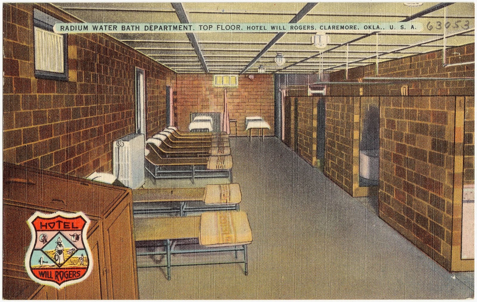 Figure 12 — The trade at its commercial peak: the Radium Water Bath Department on the top floor of the Hotel Will Rogers, Claremore, Oklahoma. Whole hotels were built on radium water — the market was not a few…