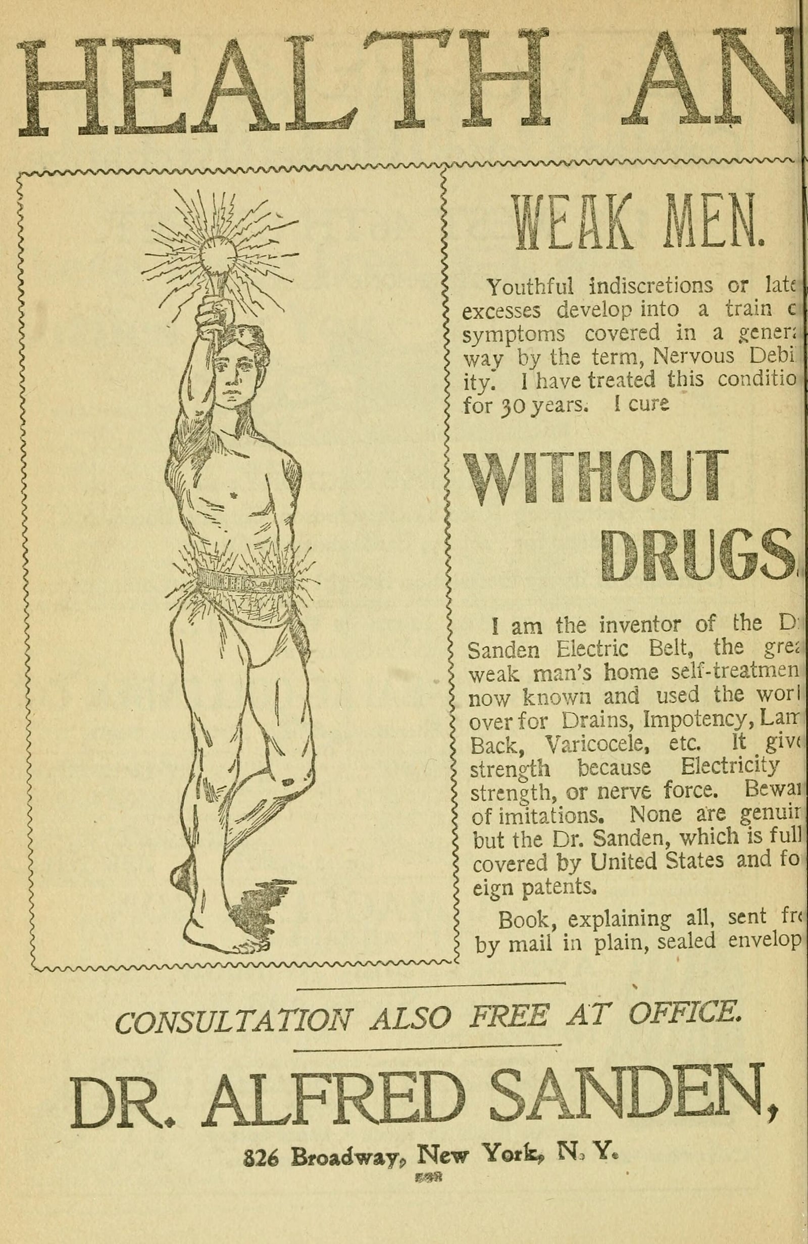 Figure 1 — Mail order at national scale: Dr. Alfred Sanden advertising in the World Almanac for 1899 — "Health and Strength for Weak Men… without drugs," a free sealed-envelope booklet, and an address on Broa…