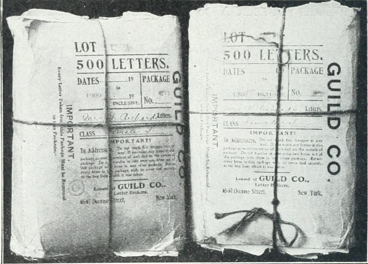 Figure 1 — Evidence of the machinery itself, from the American Medical Association's Nostrums and Quackery (1914): bundles of circulars from a mail-order house, docketed "LOT 500 LETTERS — DATES … PACKAGE No.…