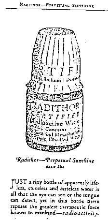 Figure 2 — Period Radithor advertising promising restored "vitality" and cure of impotence and "endocrine" disorders. Bailey's copy fused the language of the new science of hormones with the imagery of energy…