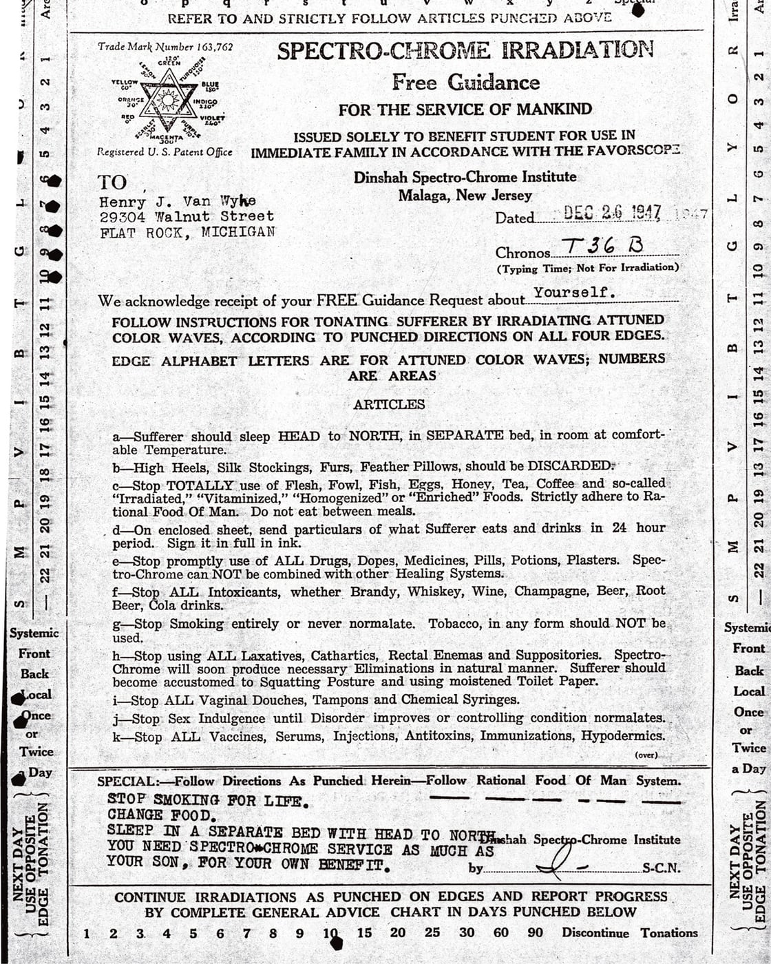 Figure 2 — A Spectro-Chrome "colour prescription" / tonation schedule: the printed paperwork that dates a set and, historically, the labelling the government prosecuted as misbranding.