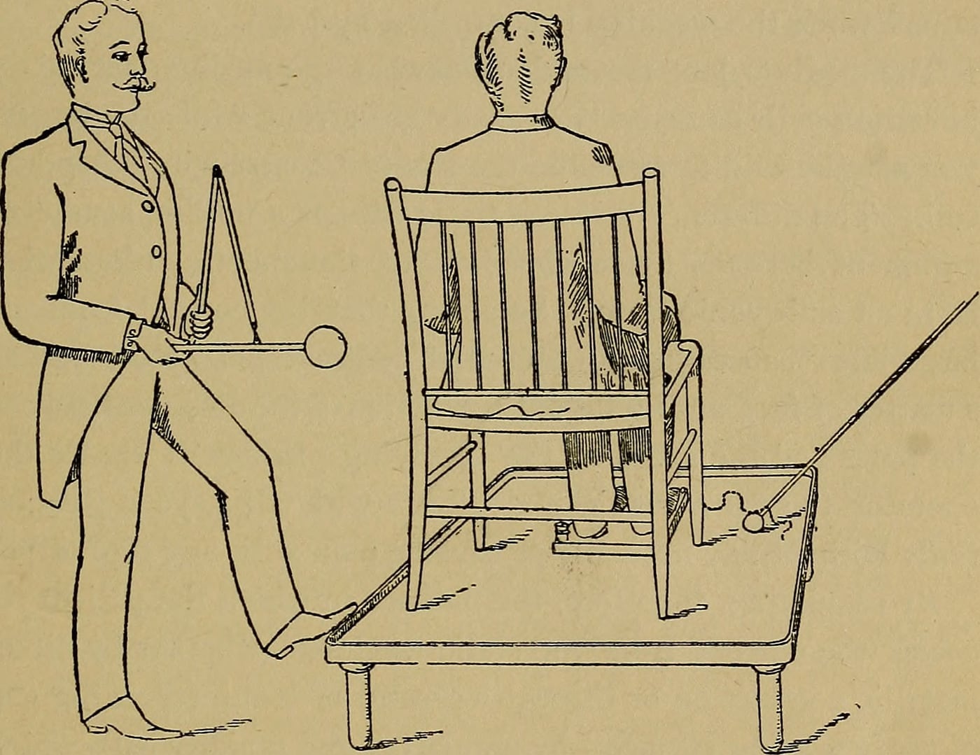 Figure 2 — A cased medical influence machine with its insulating stool: the patient's platform stands on glass-legged insulators so the body can be raised to high potential relative to the earthed room.