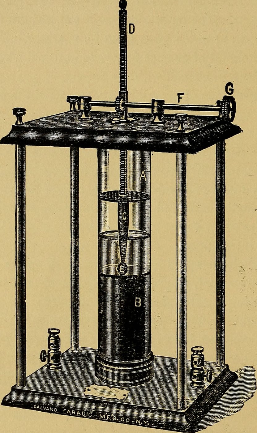 Figure 3 — A cased static (influence) machine fitted for medical use, with the Leyden-jar condensers, spark-gap, and electrode terminals used to draw the breeze, sparks, and the Morton induced current.