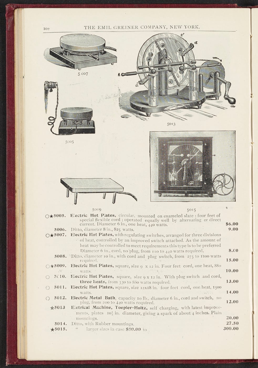 Figure 3 — A page from a turn-of-the-century electromedical trade catalogue offering a cased static machine, its motor drive, and the platform and electrode accessories — the object as the maker sold it to ph…