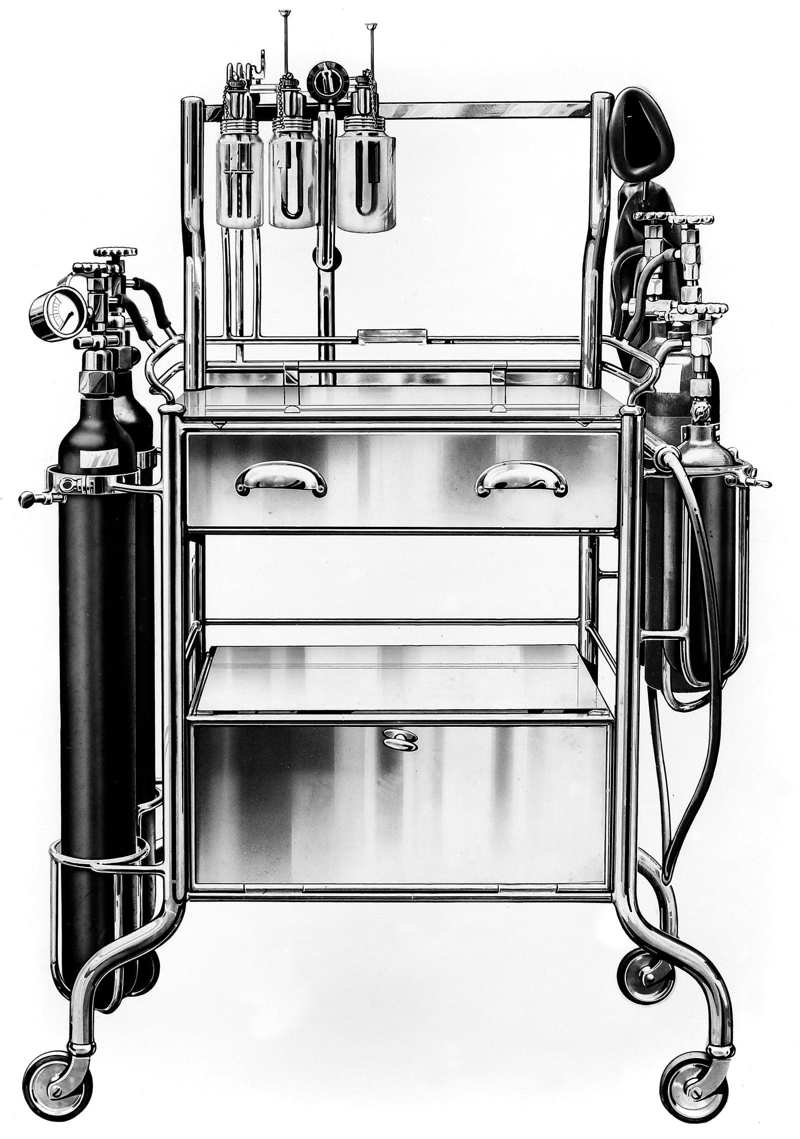 Figure 5 — A continuous-flow anesthetic apparatus of 1936 — not a Boyle machine itself, but built entirely on Boyle's template: gas cylinders yoked at the sides, a bank of vertical flowmeters, a vaporizing bo…