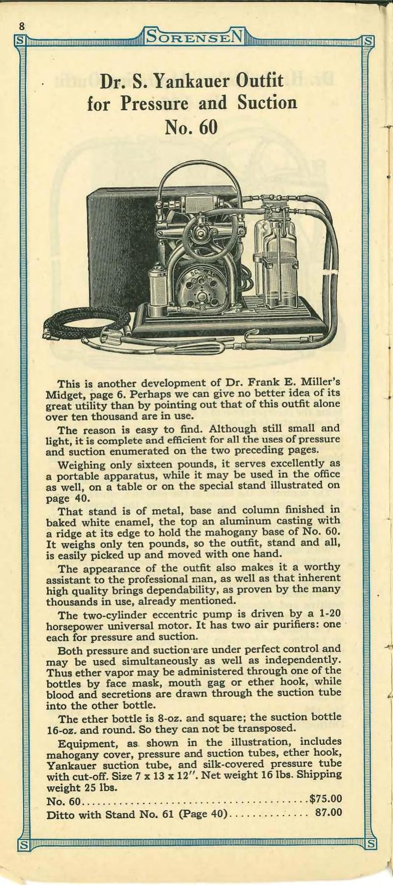 Figure 1 — The page that settles it: "Dr. S. Yankauer Outfit for Pressure and Suction, No. 60," from Sorensen's own 1926 catalog. The engraving shows the twin-cylinder pump, the flywheel, both purifier canist…