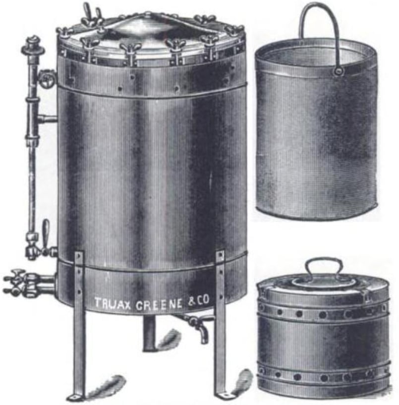 Figure 1 — A steam sterilizer and its dressing drums, from Charles Truax's The Mechanics of Surgery. The bolted lid and gauge fittings are the pressure vessel; the two perforated drums beside it are the point…