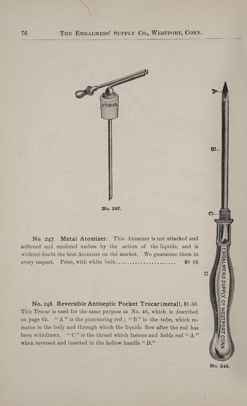 Figure 4 — A funeral-supply trade-catalog plate showing hand trocars and an aspirator offered as a matched set, with points and hose fittings.