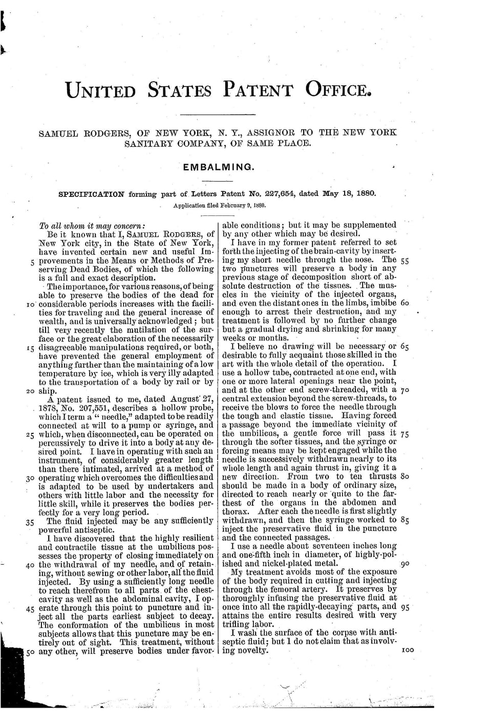 Figure 3 — The line drawing from Samuel Rodgers's U.S. Patent No. 227,654 (granted 18 May 1880), showing the long side-ported needle used to introduce preserving fluid.