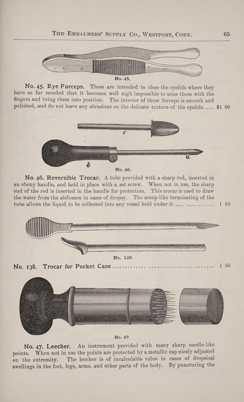 Figure 3 — A funeral-supply trade-catalog page offering hand trocars in several lengths and gauges alongside trocar points, buttons, and hose fittings — the form in which the instrument reached the working un…