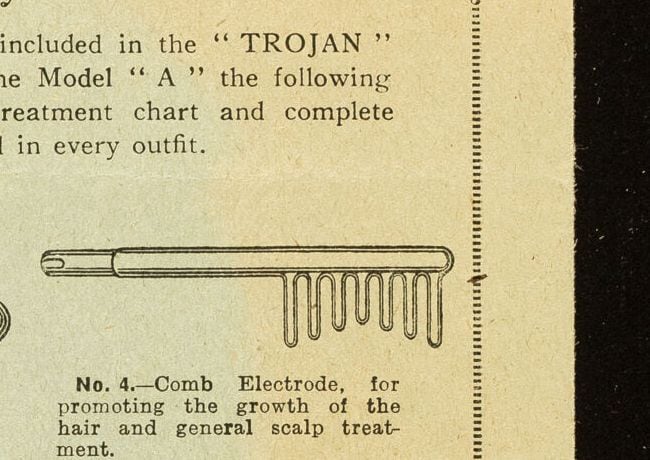 Figure 2 — Comb and six-pronged rake electrodes — drawn through the hair and sold against baldness and "falling hair." The prongs are the most commonly broken feature of any set.