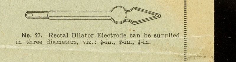 Figure 5 — The long "internal"/orificial applicators listed in period catalogues (urethral, rectal, vaginal, prostatic), shown as historical catalogue objects.